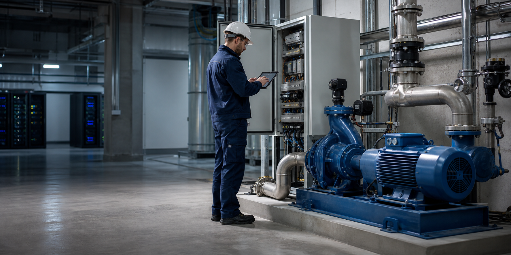 Técnico inspeccionando bombas, motores y controles electromecánicos